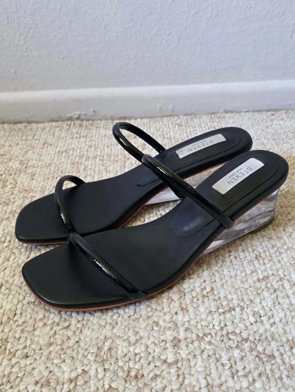 Steve Madden Black Patent Strappy Clear Block Heel Sandals Size 9